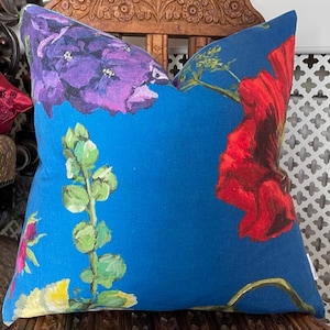 Designers Guild Fabric, Cushion cover Alexandria Lapis ,Floral Linen, Blue Colourful Pillow with/without Trim High End Luxury Interior
