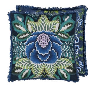 Designers Guild Rose De Damas Indego Blue/ Jade Embroidered Cushion Cover