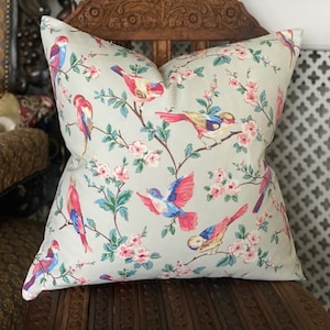 Cath Kidston Birds Cushion cover in Sky/Pink colourway reverse in light grey velvet