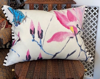 Madam Butterfly Pillow Cover: Floral Linen Bolster, Pink Peony, Designer Guild Trim (24x18")