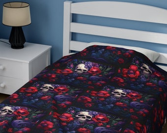 Lanzamiento de calavera gótica / Gótico floral / Decoración del hogar gótico / Halloween espeluznante lindo / Estética gótica / Manta de felpa de terciopelo / Manta de lanzamiento