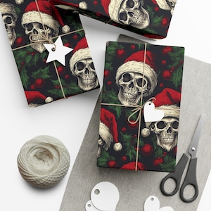 Floral Skull and Gothic Wrapping Paper Roll | Skull and Pine Trees | Skeleton and Santa Hat Gift Wrap Papers image 2
