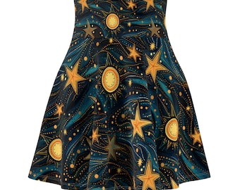 Celestial Skirt for Women | Witchy A-Line Skirt for Women | Star Moon Embellished Skirt | Witchy Gothic Women's Circle Skirt