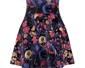 Gothic Circle Skirt | Tropical Skull Skirt | Halloween Dress | Day of the Dead | Witchy Alternative Clothing | Women's Skater Skirt
