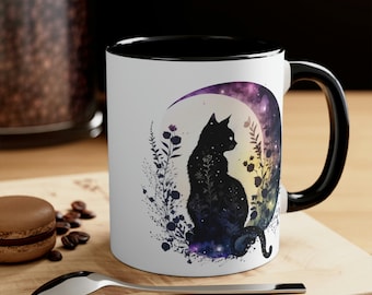 Black Cat Mugs | Black Cats Mug | Pet Coffee Mugs | Celestial Cat Coffee Mug | Floral Cats | Cat Lover Mug | Feline Familiar Ceramic Mug