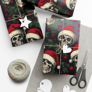 Floral Skull and Gothic Wrapping Paper Roll | Skull and Pine Trees | Skeleton and Santa Hat Gift Wrap Papers image 7