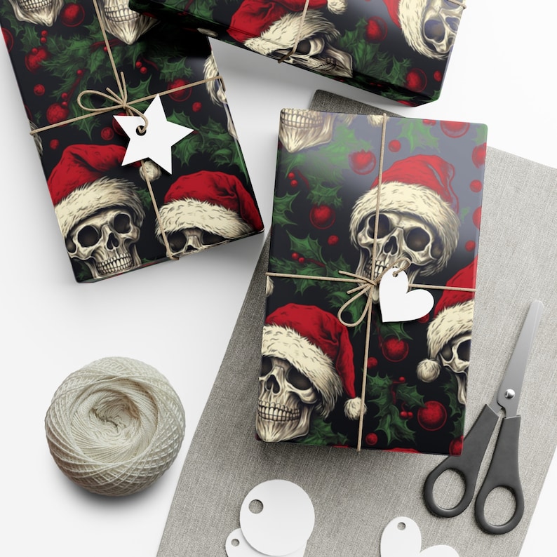 Floral Skull and Gothic Wrapping Paper Roll | Skull and Pine Trees | Skeleton and Santa Hat Gift Wrap Papers image 7