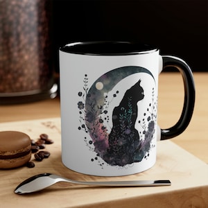 Black Cat Mugs | Black Cats Mug | Pet Coffee Mugs | Celestial Cat Coffee Mug | Floral Cats | Cat Lover Mug | Feline Familiar Ceramic Mug