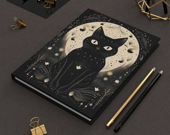 Black Cat Hardcover Journal Matte | Black Cat Lover | Celestial Black Cat Notebook | Witchy Cat Journal | Diary Notepad | Wicca Goth