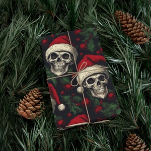 Floral Skull and Gothic Wrapping Paper Roll | Skull and Pine Trees | Skeleton and Santa Hat Gift Wrap Papers image 1
