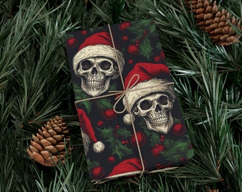 Floral Skull and Gothic Wrapping Paper Roll | Skull and Pine Trees | Skeleton and Santa Hat Gift Wrap Papers