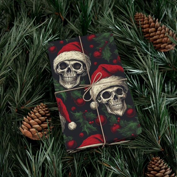 Floral Skull and Gothic Wrapping Paper Roll | Skull and Pine Trees | Skeleton and Santa Hat Gift Wrap Papers
