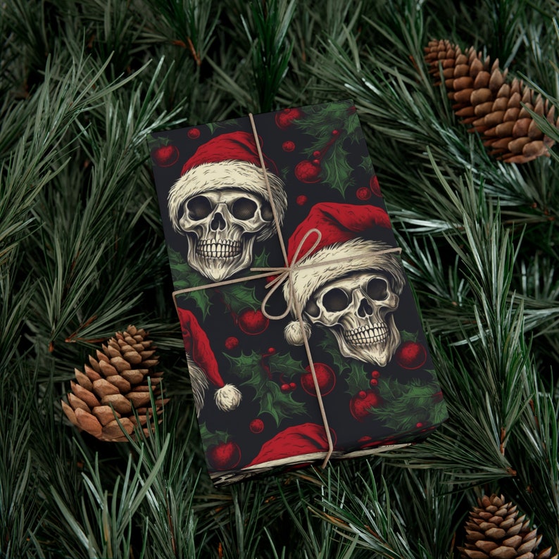 Floral Skull and Gothic Wrapping Paper Roll | Skull and Pine Trees | Skeleton and Santa Hat Gift Wrap Papers image 1