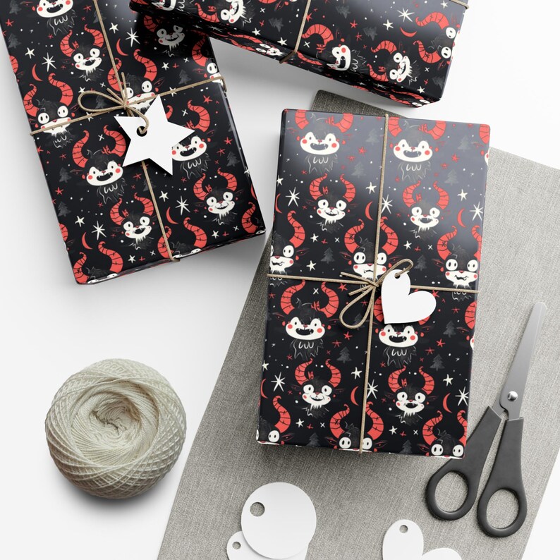Spooky Cute Krampus Gift Wrap Papers - Holiday Wrapping Paper, Christmas Gift Supplies, Festive Gift Packaging, Unique Gift Wrap Sheets, Fun image 3