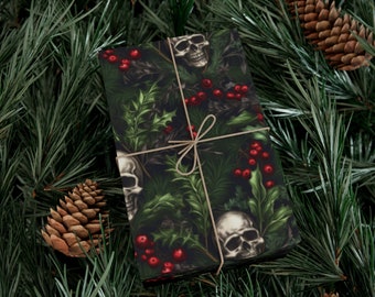 Skull Christmas Wrapping Paper | Wrapping Paper Roll | Gift Wrap Papers | Gothic Christmas Holly and Skull | Alternative Christmas Paper