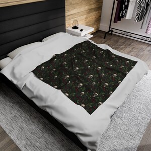 Skull Throw Blanket | Goth Christmas Blanket | Black Home Decor | Goth Decor and Bedding | Velveteen Plush Blanket | Skeleton Home Decor image 7