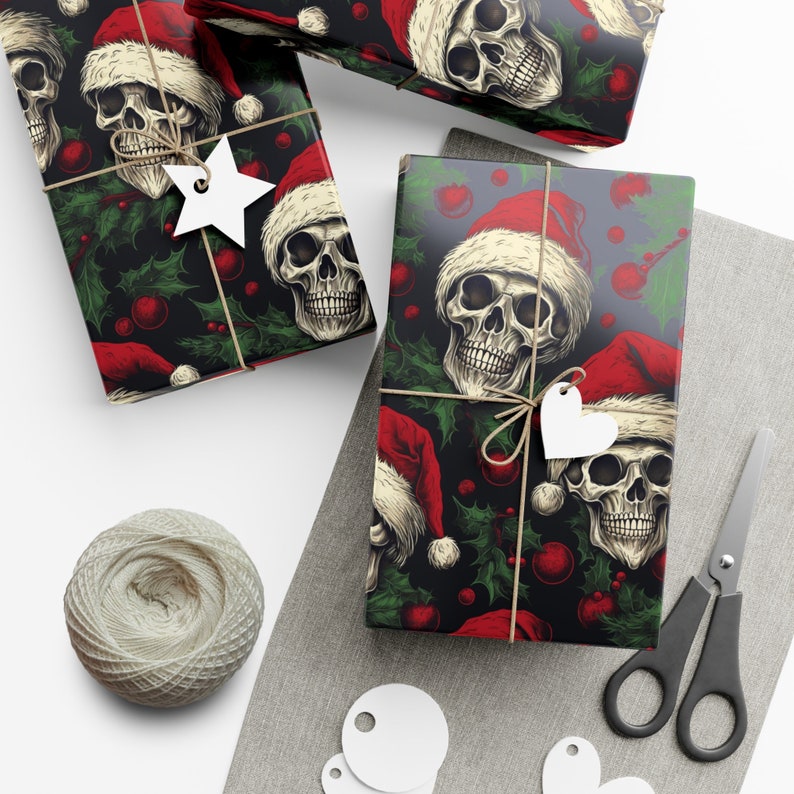 Floral Skull and Gothic Wrapping Paper Roll | Skull and Pine Trees | Skeleton and Santa Hat Gift Wrap Papers image 5