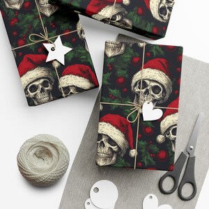 Floral Skull and Gothic Wrapping Paper Roll | Skull and Pine Trees | Skeleton and Santa Hat Gift Wrap Papers image 6