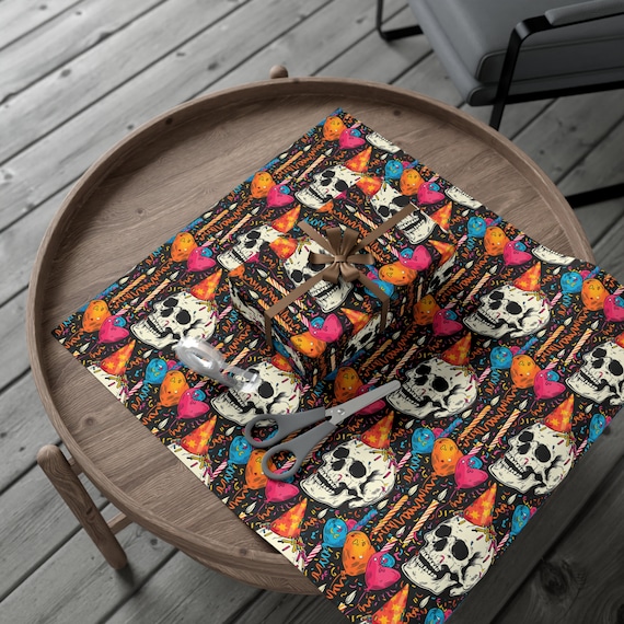 Alternative Birthday Gift Wrap | Skull Wrapping Paper Roll | Creepy Cute Part | Dark Academia Present | Rocking Skull Party Hat