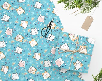 Kawaii Kitty Wrapping Paper | Two Sizes | Anniversary Birthday Christmas Gift Paper | Cat Lover Gift Wrap | Cat Gift Wrap for Crazy Cat Lady