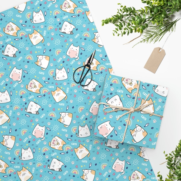 Kawaii Kitty Wrapping Paper | Two Sizes | Anniversary Birthday Christmas Gift Paper | Cat Lover Gift Wrap | Cat Gift Wrap for Crazy Cat Lady