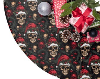 Skeleton Christmas Tree Skirt | Spooky Skull Santa Skeleton Decor | Holiday Decorations | Dark Academia | Rock and Roll Decorations