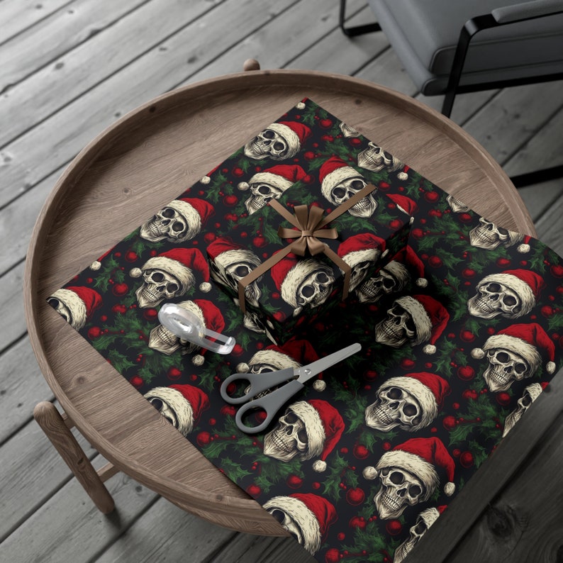 Floral Skull and Gothic Wrapping Paper Roll | Skull and Pine Trees | Skeleton and Santa Hat Gift Wrap Papers image 4