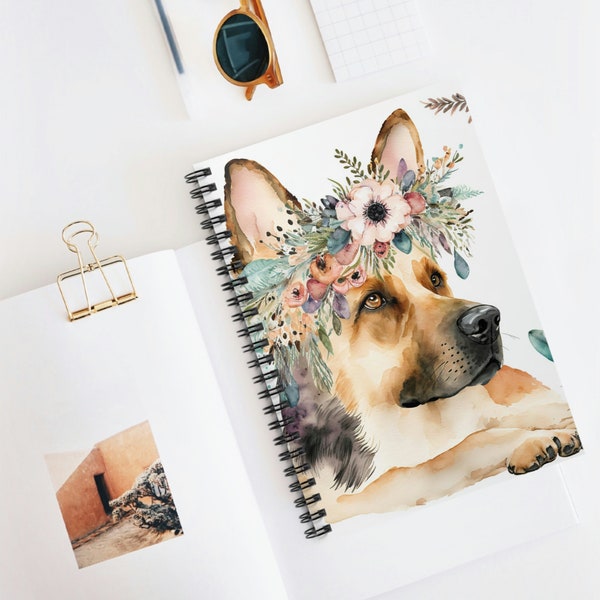 Boho Watercolor German Shepherd Dog | German Shepherd Lovers | Spiral Notebook - Ruled Line | Dog Lover Journal