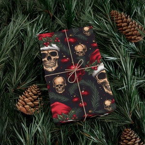 Skull Ornament Gothic Wrapping Paper Roll | Skull and Pine Trees | Skeleton and Santa Hat Gift Wrap Papers |