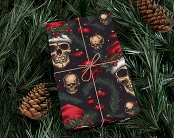Skull Ornament Gothic Wrapping Paper Roll | Skull and Pine Trees | Skeleton and Santa Hat Gift Wrap Papers |