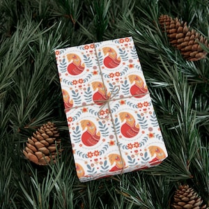 Scandinavian Christmas Fox | Swedish Floral Art | Christmas Folk Art | Wrapping Paper Roll | Gift Wrap Papers | Fox Lover Gift | Woodland