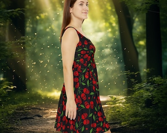 Cherry Dress | Skull Pin Up Design | Skater Dress Black | Cherry Skull Gothic Pin Up Dress | Kawaii Skull Cherries Red | Kawaii skater