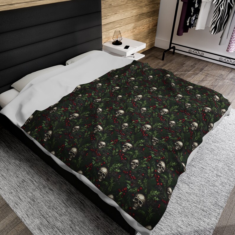 Skull Throw Blanket | Goth Christmas Blanket | Black Home Decor | Goth Decor and Bedding | Velveteen Plush Blanket | Skeleton Home Decor image 4
