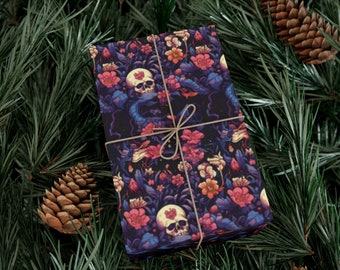 Papel de regalo con diseño floral y calaveras de Tropigoth / Vibraciones tropicales / Encanto gótico / Rollo de papel de regalo / Papeles de regalo / Arte botánico oscuro