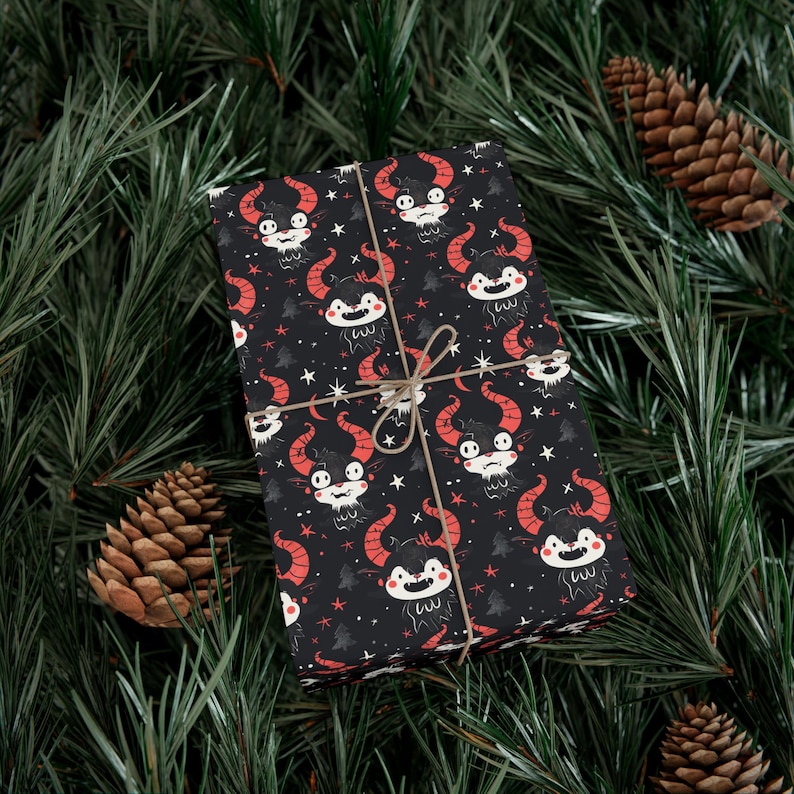 Spooky Cute Krampus Gift Wrap Papers - Holiday Wrapping Paper, Christmas Gift Supplies, Festive Gift Packaging, Unique Gift Wrap Sheets, Fun image 1