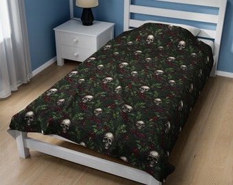 Skull Throw Blanket | Goth Christmas Blanket | Black Home Decor | Goth Decor and Bedding | Velveteen Plush Blanket | Skeleton Home Decor