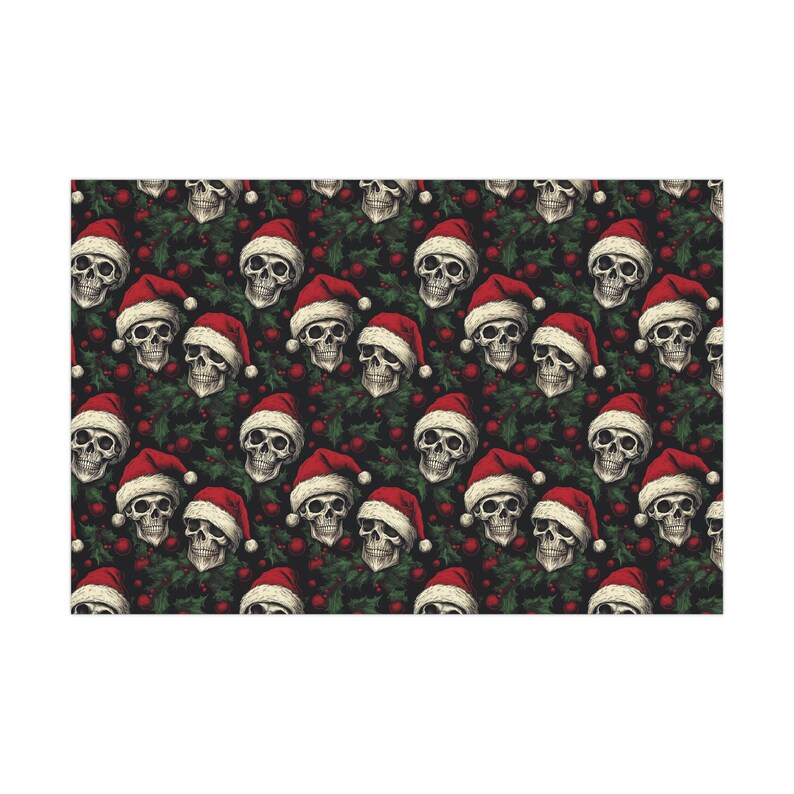 Floral Skull and Gothic Wrapping Paper Roll | Skull and Pine Trees | Skeleton and Santa Hat Gift Wrap Papers image 3