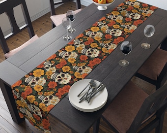 Sugar Skulls and Marigold Table Runner | Dia De Los Muertos | Mexican Home Decor | Day of the Dead | Calavera Table Runner (Cotton, Poly)