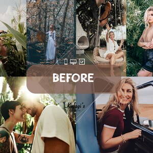 Peut inclure: Un collage de photos de style de vie pr&eacute;sentant des personnes dans divers environnements ext&eacute;rieurs. Les images incluent une femme dans un champ de ma&iuml;s, une femme en robe blanche dans une for&ecirc;t, une femme sur une balan&ccedil;oire et une femme en jupe noire. Le mot "BEFORE" est affich&eacute;.