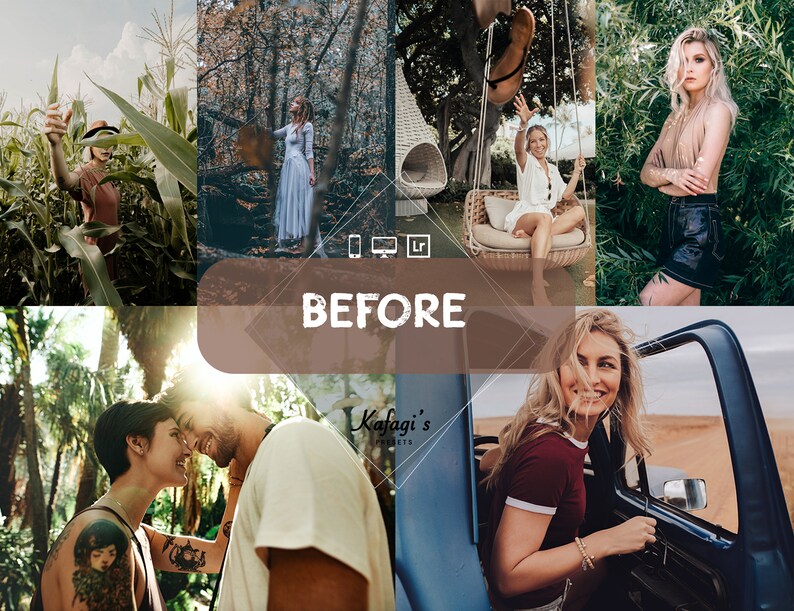 Peut inclure: Un collage de photos de style de vie pr&eacute;sentant des personnes dans divers environnements ext&eacute;rieurs. Les images incluent une femme dans un champ de ma&iuml;s, une femme en robe blanche dans une for&ecirc;t, une femme sur une balan&ccedil;oire et une femme en jupe noire. Le mot "BEFORE" est affich&eacute;.