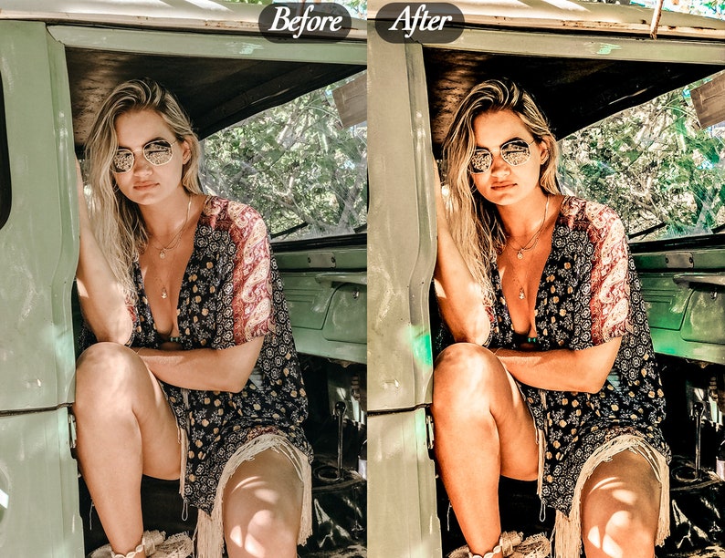 Op de afbeelding: Een vrouw in een bloemenjurk met een diepe halslijn en franjes, draagt een zonnebril en sieraden. De afbeelding is gesplitst, met de teksten "Voor" en "Na", wat een fotobewerkingsvergelijking suggereert.
