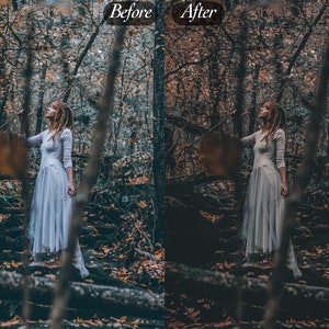 Peut inclure: Une femme en robe blanche &agrave; manches longues se tient dans une for&ecirc;t, avec le texte "Avant" et "Apr&egrave;s" en haut. La for&ecirc;t pr&eacute;sente un m&eacute;lange de feuillage brun et vert, avec un effet filtr&eacute; et sombre.