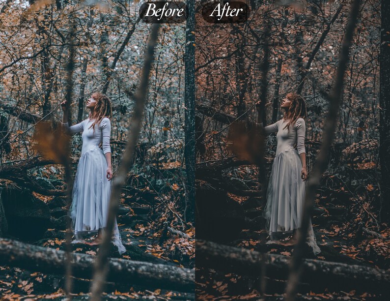 Peut inclure: Une femme en robe blanche &agrave; manches longues se tient dans une for&ecirc;t, avec le texte "Avant" et "Apr&egrave;s" en haut. La for&ecirc;t pr&eacute;sente un m&eacute;lange de feuillage brun et vert, avec un effet filtr&eacute; et sombre.