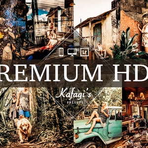 Op de afbeelding: Een collage van beelden met warme, verbeterde kleuren, die verschillende sc&egrave;nes tonen. De tekst "PREMIUM HDR" is prominent aanwezig. De beelden tonen mensen, landschappen en een vintage voertuig, wat wijst op een fotografie- of bewerkingsthema.