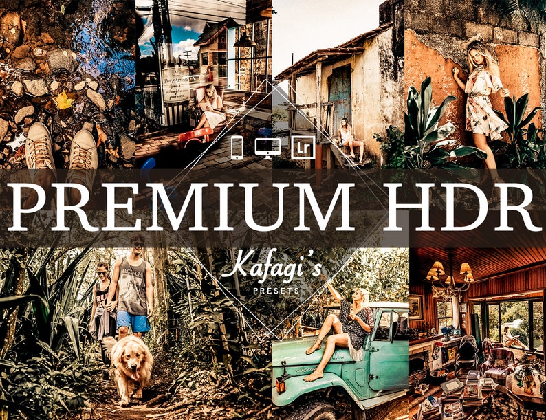 Op de afbeelding: Een collage van beelden met warme, verbeterde kleuren, die verschillende sc&egrave;nes tonen. De tekst "PREMIUM HDR" is prominent aanwezig. De beelden tonen mensen, landschappen en een vintage voertuig, wat wijst op een fotografie- of bewerkingsthema.