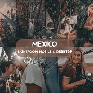 Peut inclure: Un collage de photos de style de vie avec une tonalit&eacute; chaleureuse et terreuse. Les images pr&eacute;sentent des personnes dans divers environnements ext&eacute;rieurs, avec le mot "MEXICO" et "LIGHTROOM MOBILE & DESKTOP" affich&eacute;s dans une banni&egrave;re marron. Les images sont de Kafagi's Presets.