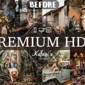 Op de afbeelding: Een collage van lifestyle foto's met de tekst "BEFORE" en "PREMIUM HDR". De afbeeldingen tonen diverse sc&egrave;nes, waaronder natuur, reizen en portretten. Het logo "Kafagi's PRESETS" is ook zichtbaar, wat duidt op fotobewerkingstools.