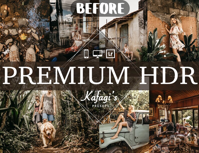 Op de afbeelding: Een collage van lifestyle foto's met de tekst "BEFORE" en "PREMIUM HDR". De afbeeldingen tonen diverse sc&egrave;nes, waaronder natuur, reizen en portretten. Het logo "Kafagi's PRESETS" is ook zichtbaar, wat duidt op fotobewerkingstools.
