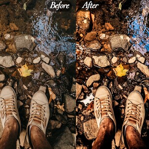 Op de afbeelding: Een afbeelding die een beek voor en na kleurverbetering laat zien. De 'voor'-afbeelding toont een beekbedding met rotsen, water en een gele blad. De 'na'-afbeelding heeft verbeterde kleuren. Witte sneakers zijn zichtbaar in beide afbeeldingen.