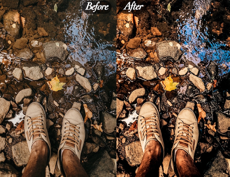 Op de afbeelding: Een afbeelding die een beek voor en na kleurverbetering laat zien. De 'voor'-afbeelding toont een beekbedding met rotsen, water en een gele blad. De 'na'-afbeelding heeft verbeterde kleuren. Witte sneakers zijn zichtbaar in beide afbeeldingen.